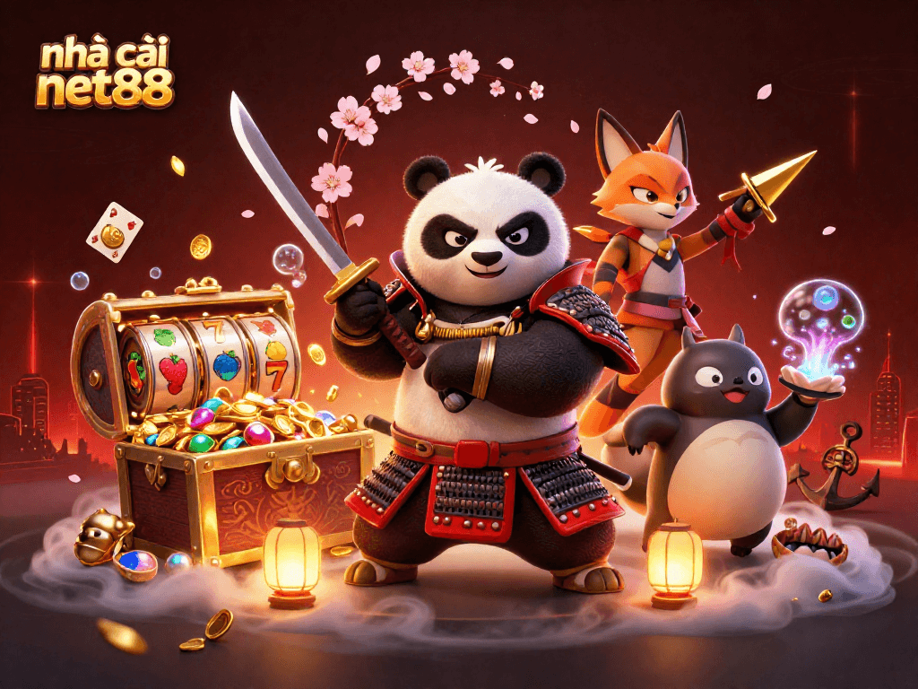 Engage with nhà cái net88's vibrant 3D samurai illustration showcasing dynamic casino elements in action.
