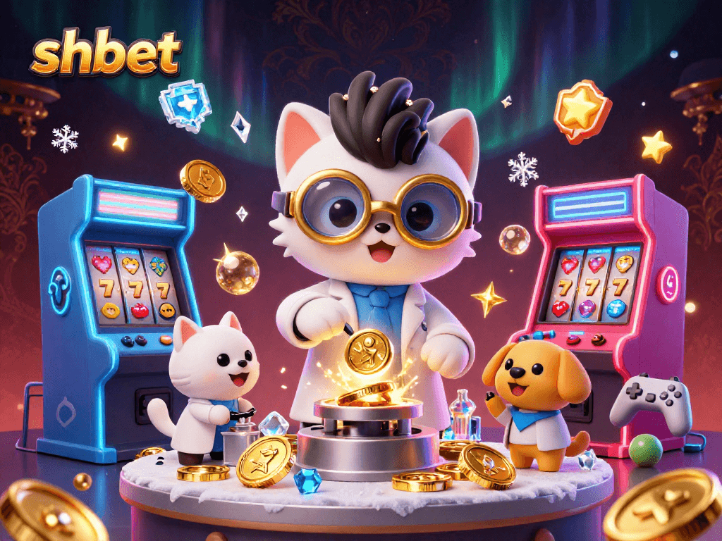 Experience thrilling jackpots with shbet as a mad scientist cat creates golden rewards in a casino environment.