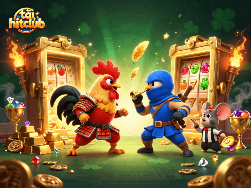Experience thrill with tải hitclub as fighting roosters battle, surrounded by casino treasures.