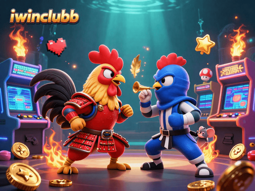 Experience intense action with iwinclubb's fighting roosters in a vibrant casino-themed illustration.