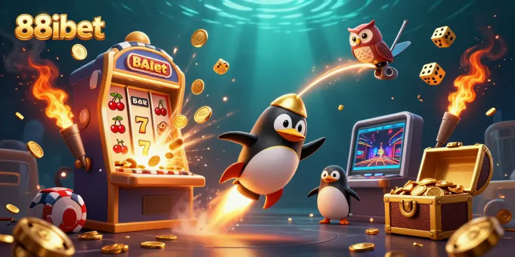 Win big with 88ibet at a colorful online casino promotional illustration featuring fun characters and gaming action.