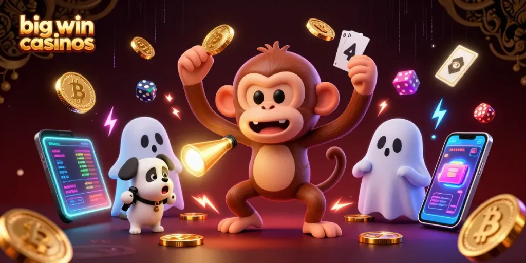 Experience thrilling big win casinos with a mischievous monkey juggling golden coins in a haunted atmosphere.