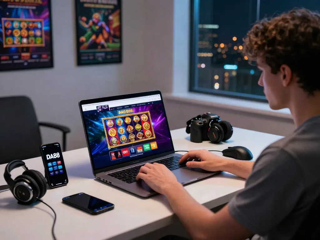 User enjoying dynamic online gambling at DA88 platform, showcasing sports and slot games interface on laptop.