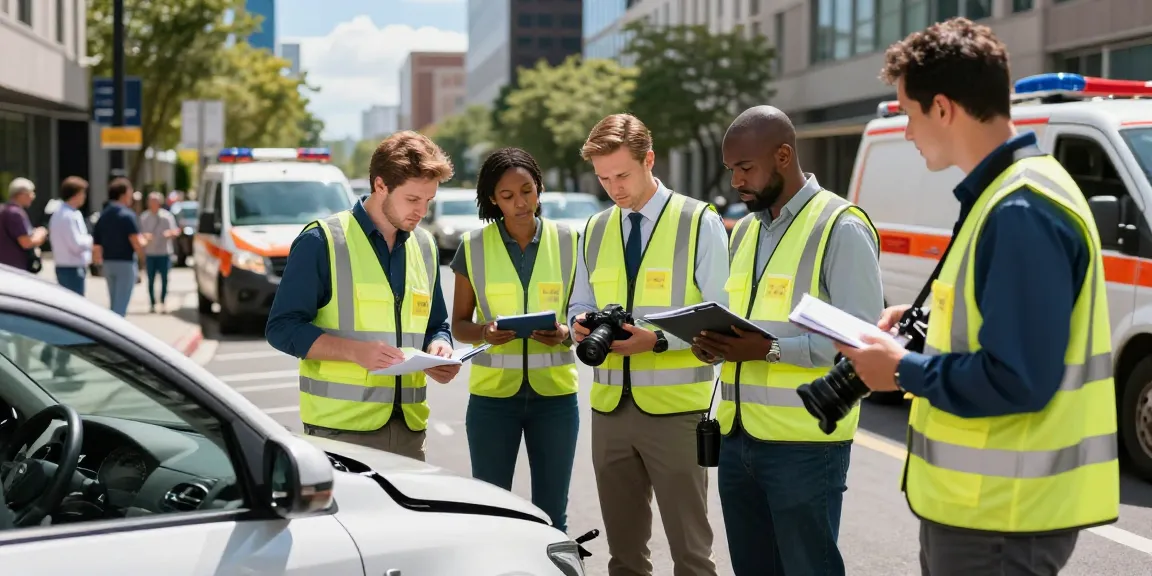Vehicle accident report investigation scene with professionals assessing a crash site in an urban environment.