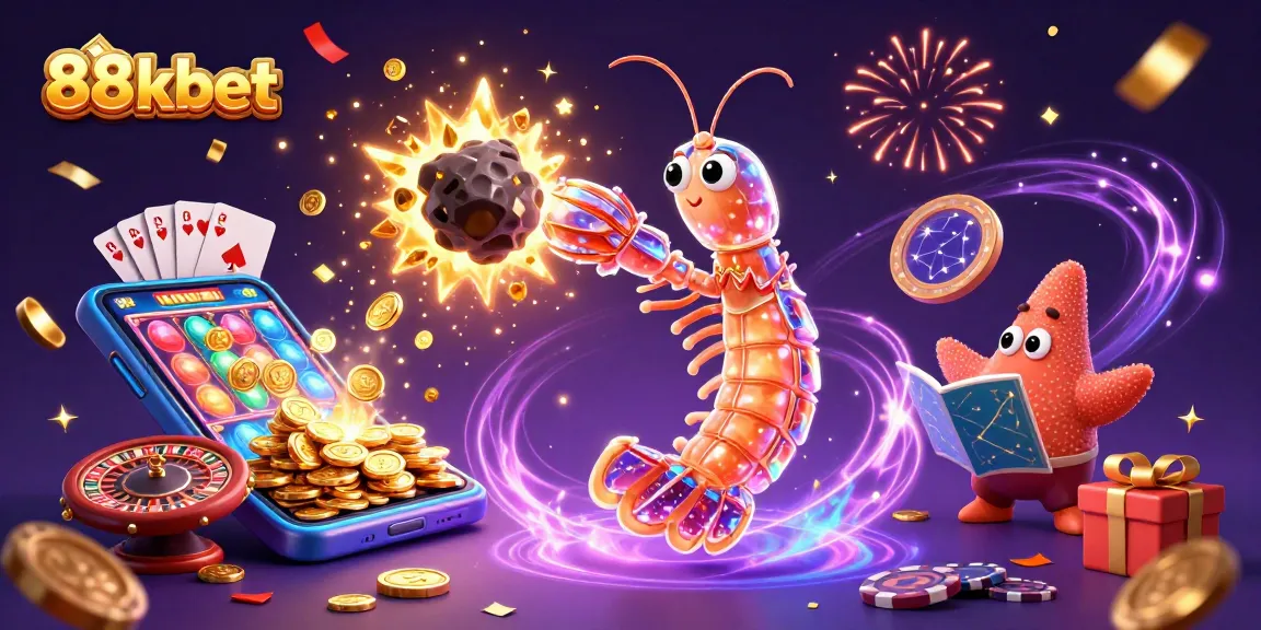 Engage with 88kbet by exploring a vibrant 3D illustration of a galactic samurai mantis shrimp amidst a whirlwind of casino games.
