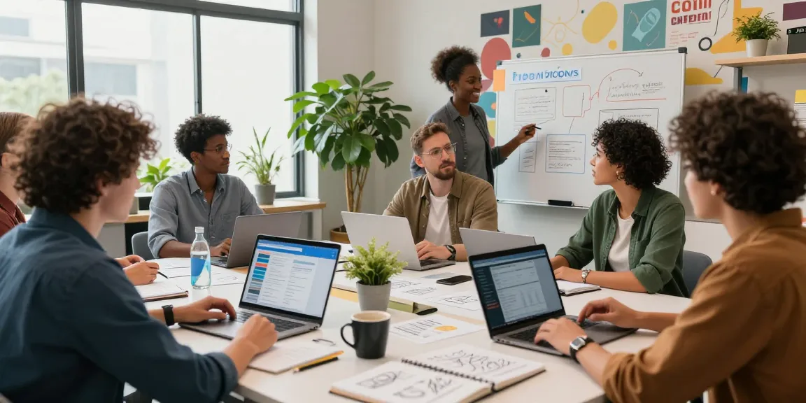 Team collaborating using expert tools in a modern office environment during a brainstorming session.