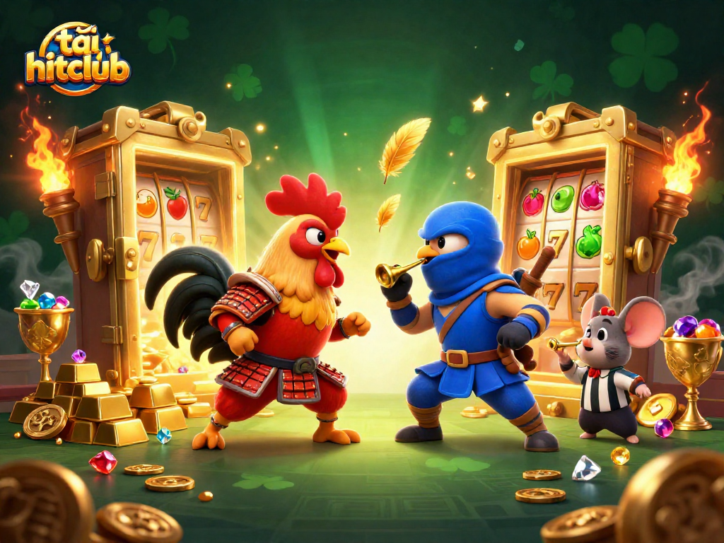 Experience thrill with tải hitclub as fighting roosters battle, surrounded by casino treasures.