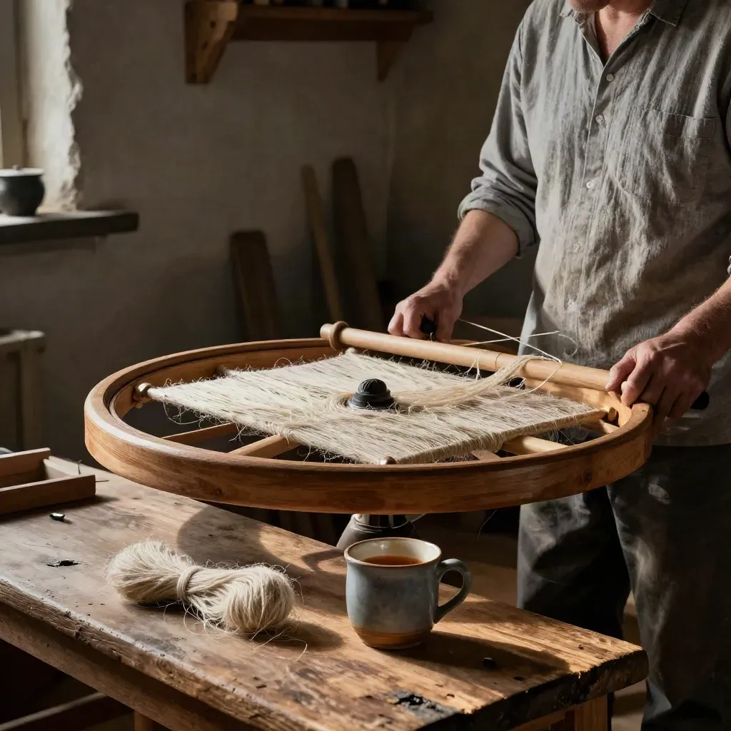 Wood spinning wheel with flax roving and a stoneware mug in a dim cottage workshop.