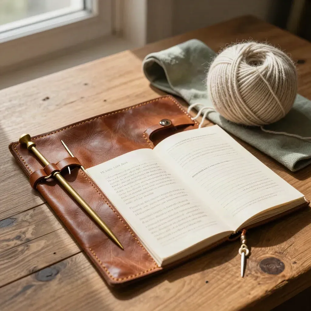 Leather tool roll, brass needles, stitch sampler, and wool on a worn oak table.