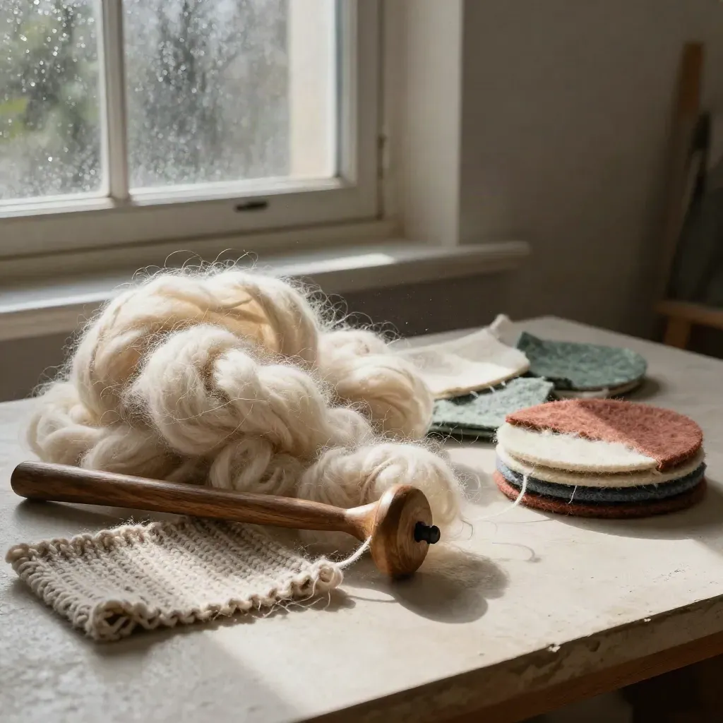 Wool roving, spindle, knit swatch, and felt disks on a plaster worktable in moody dawn light.