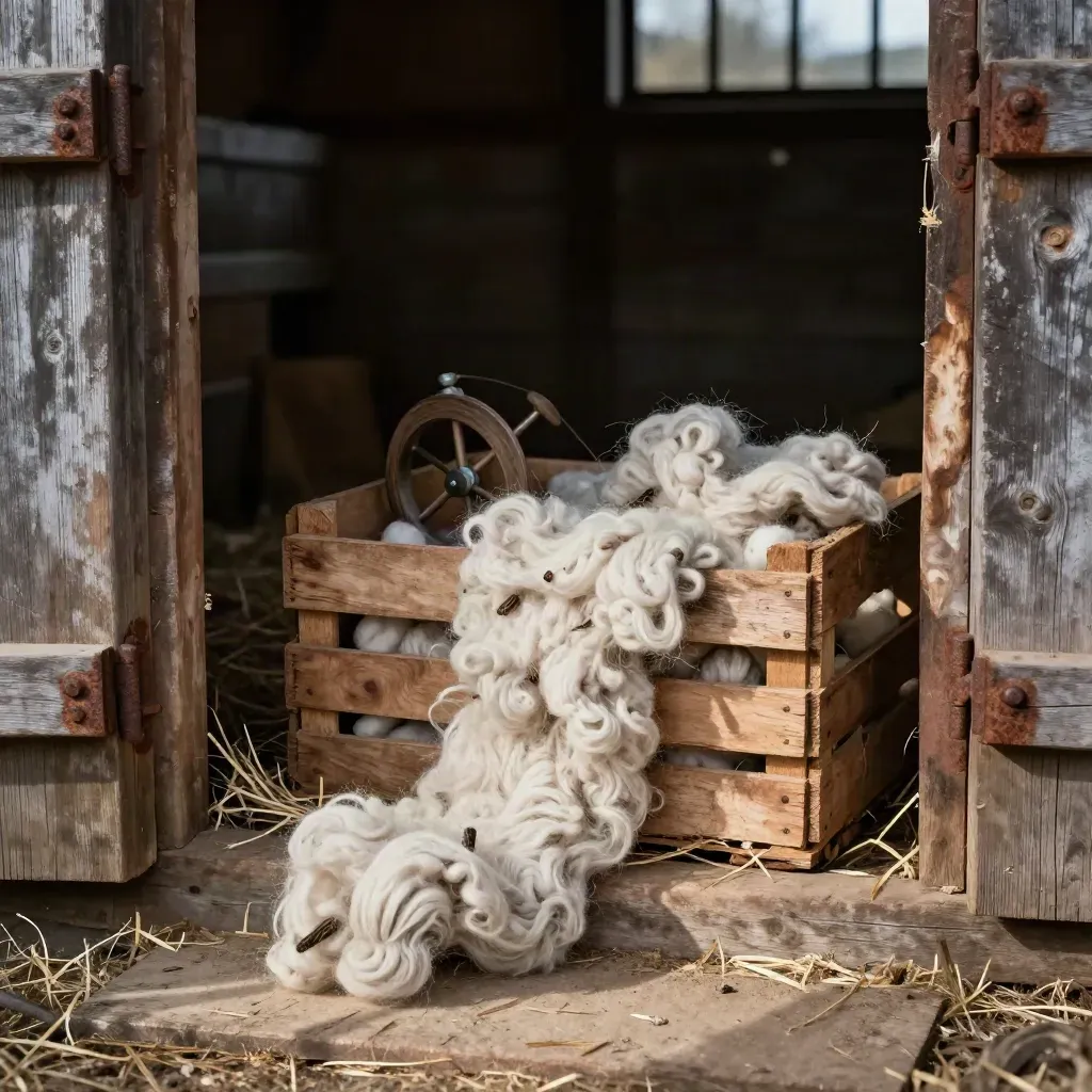 Fleece spills from a wooden crate beside a spindle in a barn doorway.