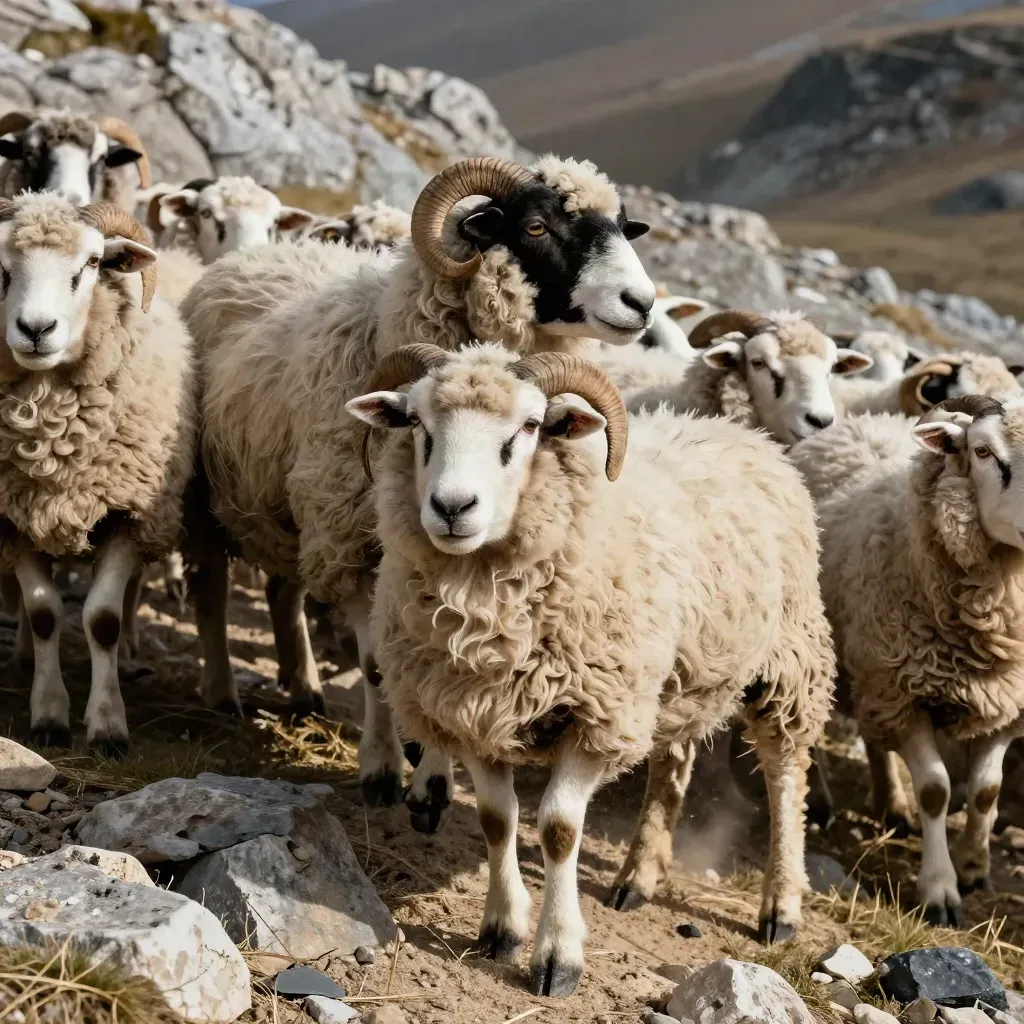 Romney and Jacob sheep on a rocky hillside, one horned sheep lifting its head in windy light.