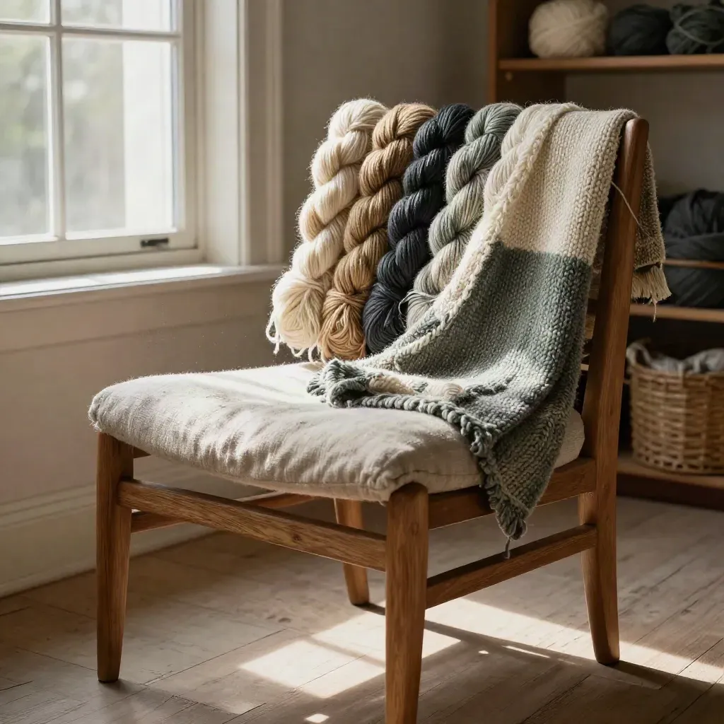 Yarn skeins and a shawl on a low chair by a north window, lit by late-afternoon sun.
