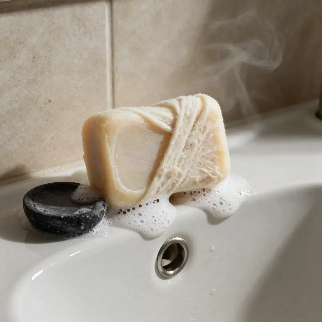 Soap bar wrapped in wet wool sliding on a sink edge beside a charcoal dish and foam.