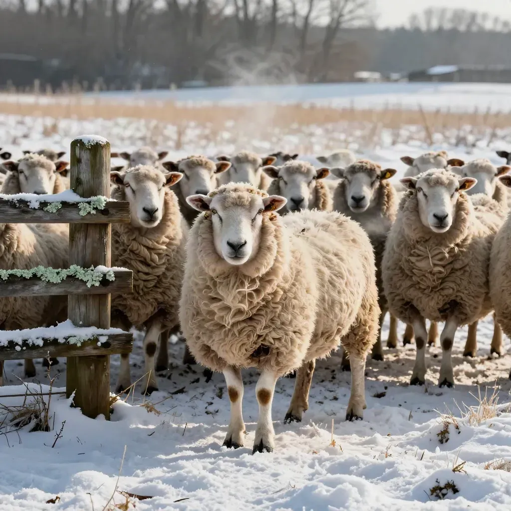 Longwool sheep along a split-rail fence in winter wind and drifting snow.