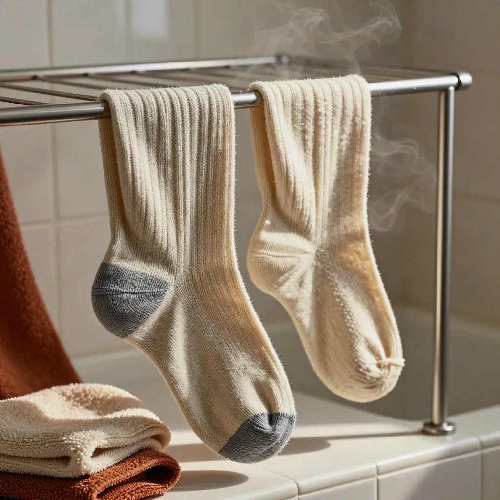 Damp wool socks drying on a rack above a towel, with a mended heel and bathroom steam.