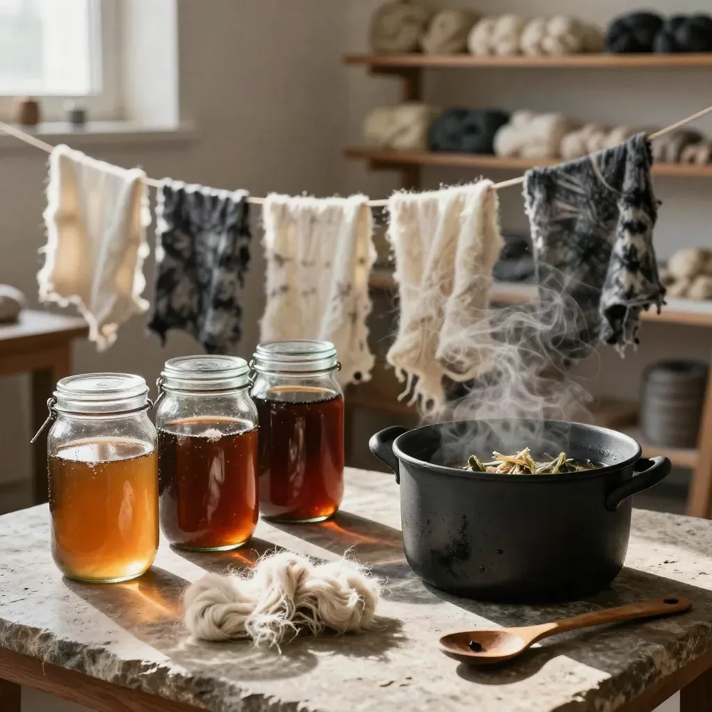 Stone table with steaming dye pot, glass dye jars, and wool swatches draining in a fiber studio.