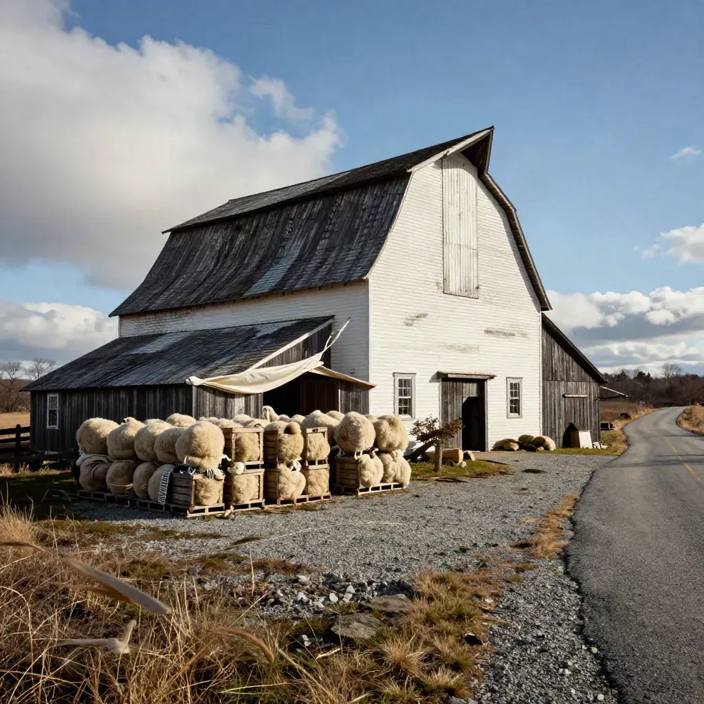 White mill and dark sheep barn beside wool crates on a gravel lot after rain