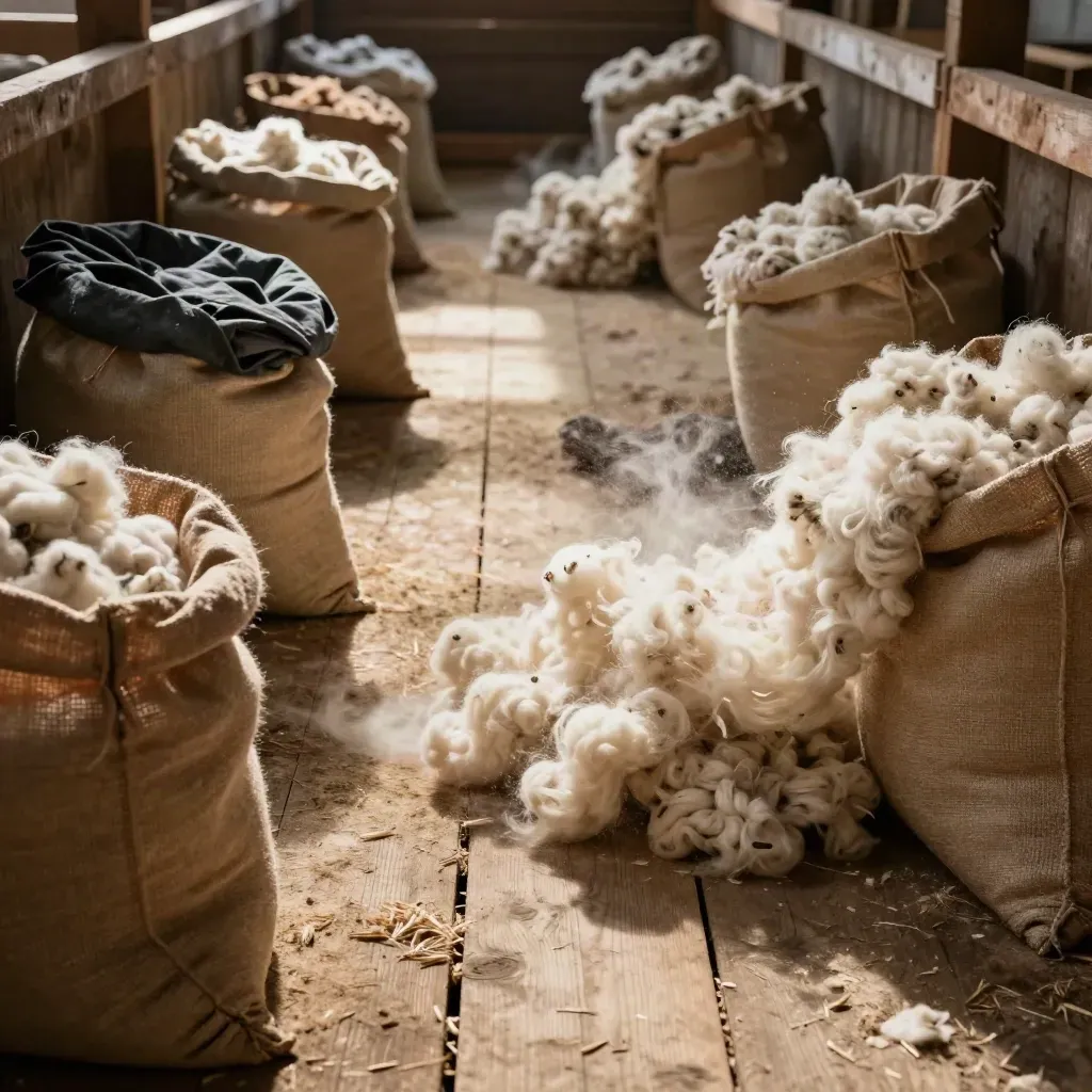 Overhead barn aisle with fleece piles, burlap sacks, and a settling wool mound in winter light.