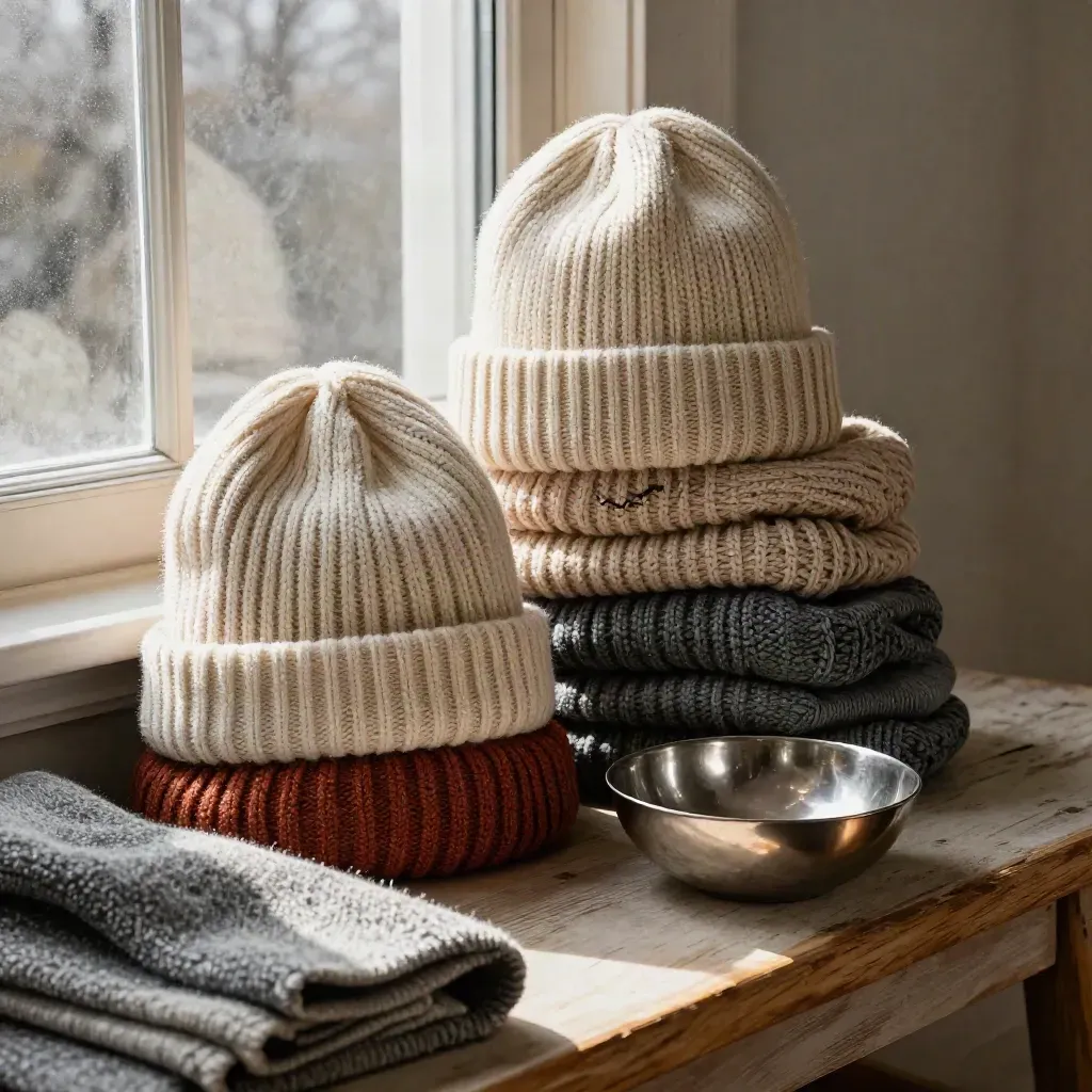 Ribbed holiday knit hats stacked by a window with a wool throw and pewter bowl on a bench