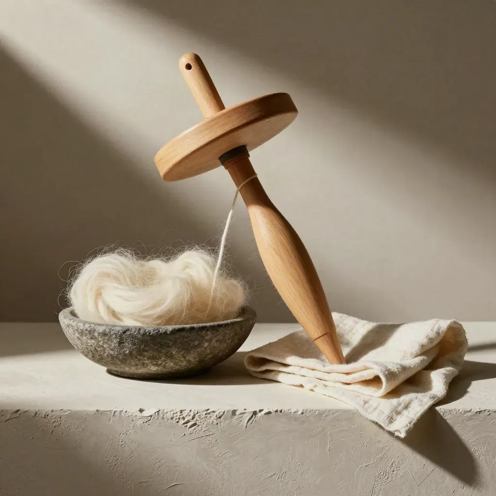 Wooden spindle starter set with cream roving, stone bowl, and folded cloth on plaster.