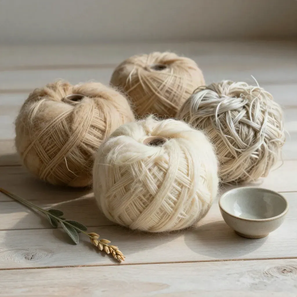 Three wool fleece locks, ceramic bowl, and dried grass on pale wood, one lock in sharp focus.