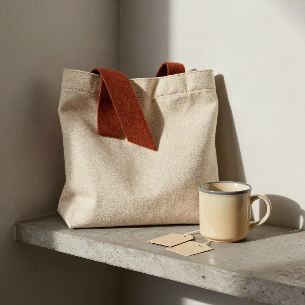 Canvas tote with rust rosette, mug and blank tags on concrete shelf in morning light.