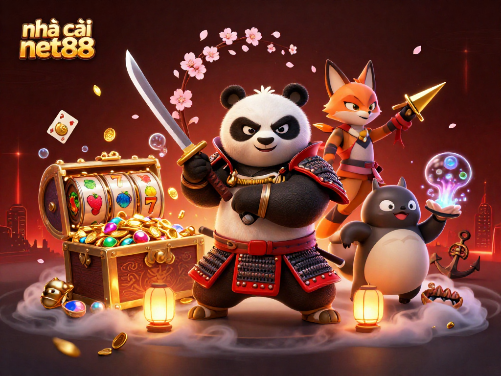 Engage with nhà cái net88's vibrant 3D samurai illustration showcasing dynamic casino elements in action.