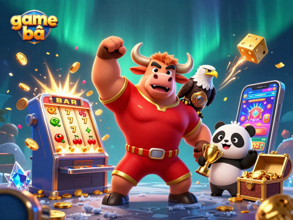 Experience thrilling game bài action with a cheerful panda, a victorious bull mascot, and a powerful eagle amidst a vibrant casino backdrop!