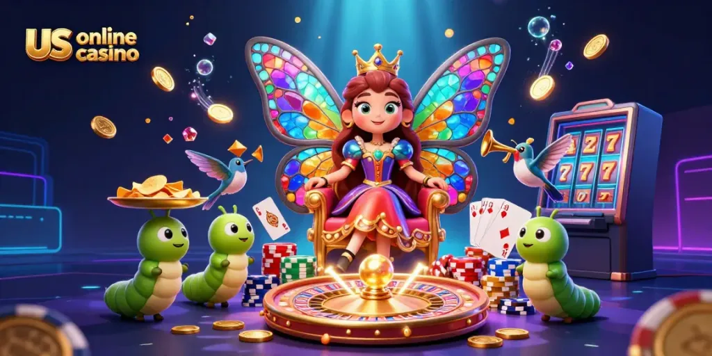 Experience the excitement of the us online casino world with this vibrant 3D illustration featuring a butterfly queen and casino elements.