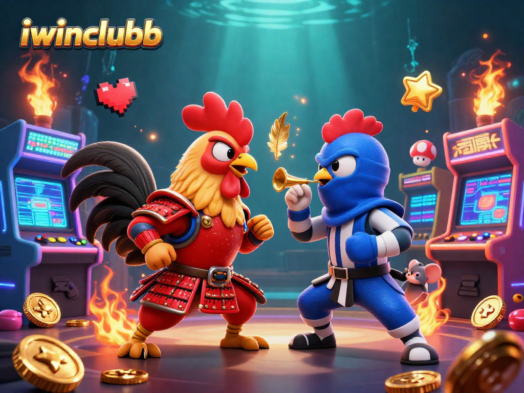 Experience intense action with iwinclubb's fighting roosters in a vibrant casino-themed illustration.