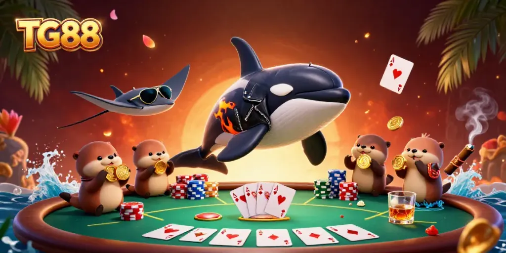 Experience the thrill of TG88 with an orca, stingray, and otters amidst vibrant casino scenes.