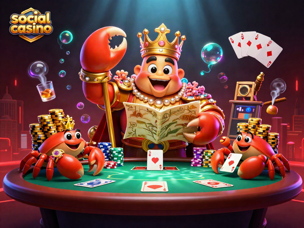 Experience the thrill of a vibrant social casino environment with a majestic crab emperor.