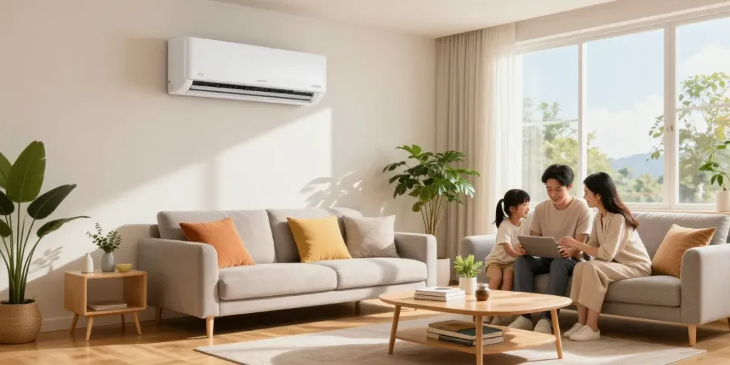 Cozy living room with 18000 BTU mini split air conditioner providing comfort for family gatherings.