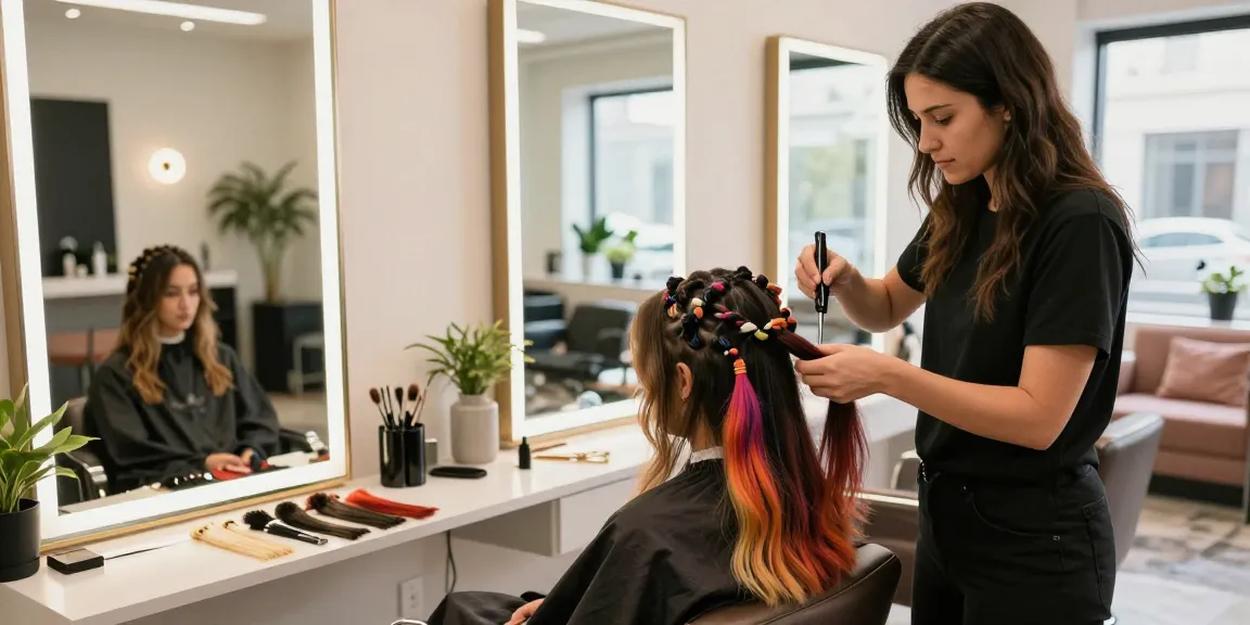 Salon quality sew in weft extensions application in a chic salon setting.