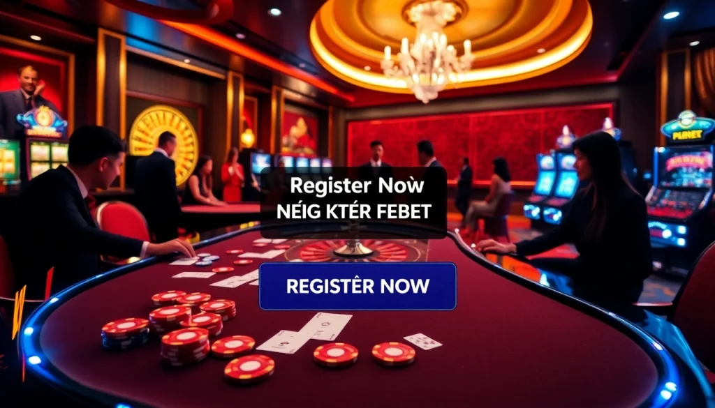 Register for FEBET and win big at this opulent casino table with poker chips and a roulette wheel.