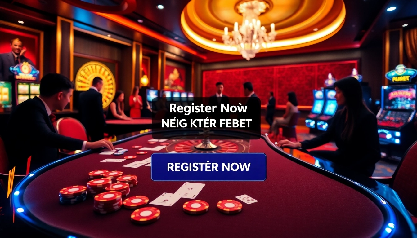 Register for FEBET and win big at this opulent casino table with poker chips and a roulette wheel.