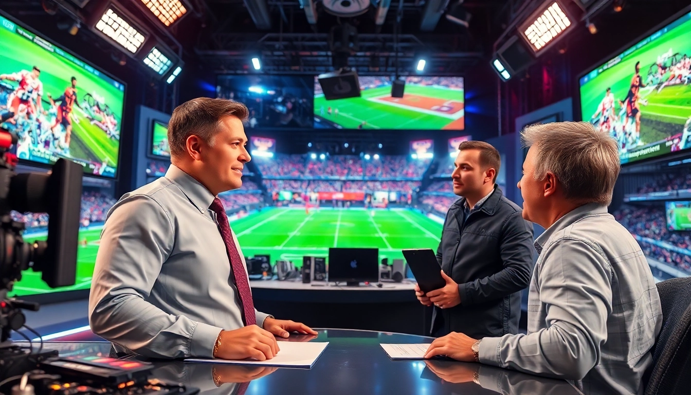 Engaging sports broadcasting scene showcasing commentators in a high-tech studio environment.