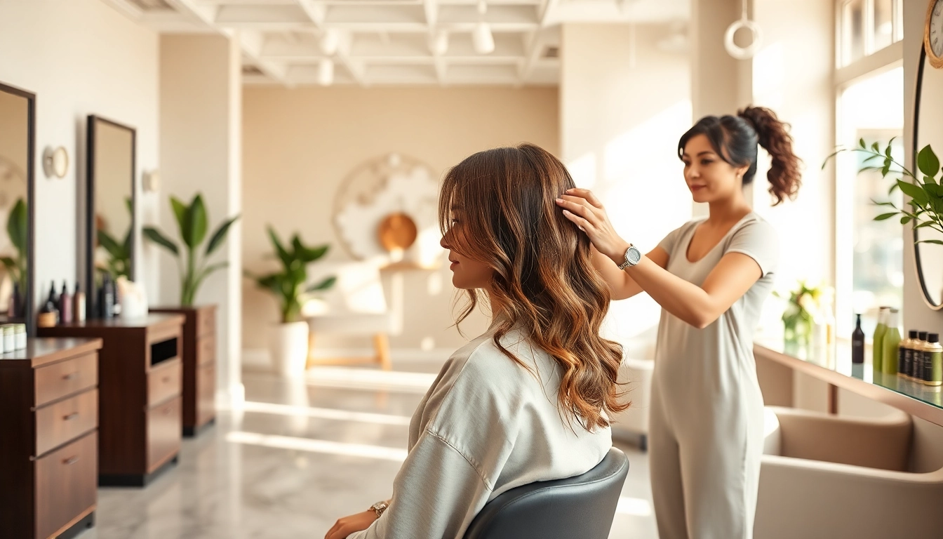 Professional hairstylist at a hair salon San Diego applying highlights with eco-friendly Aveda products.