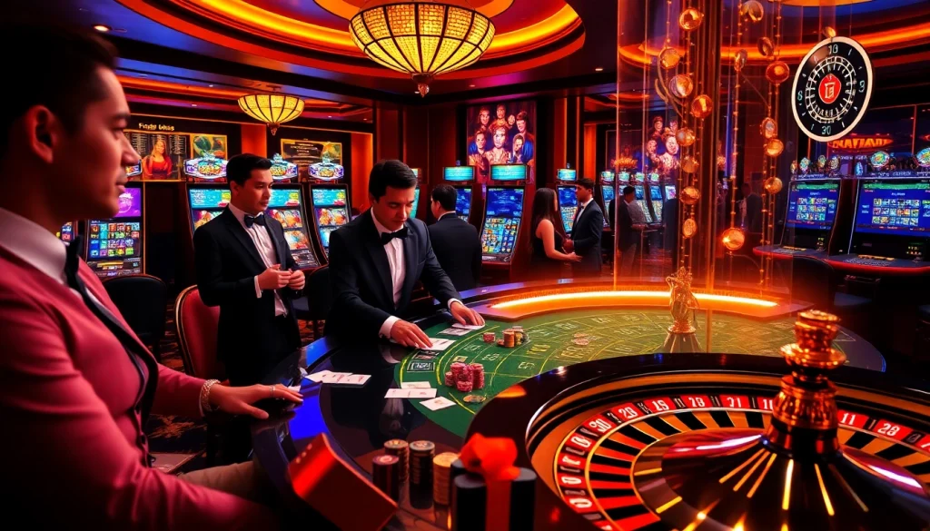 Engaged players enjoy games at the best crypto casinos, surrounded by exciting slot machines and luxurious decor.