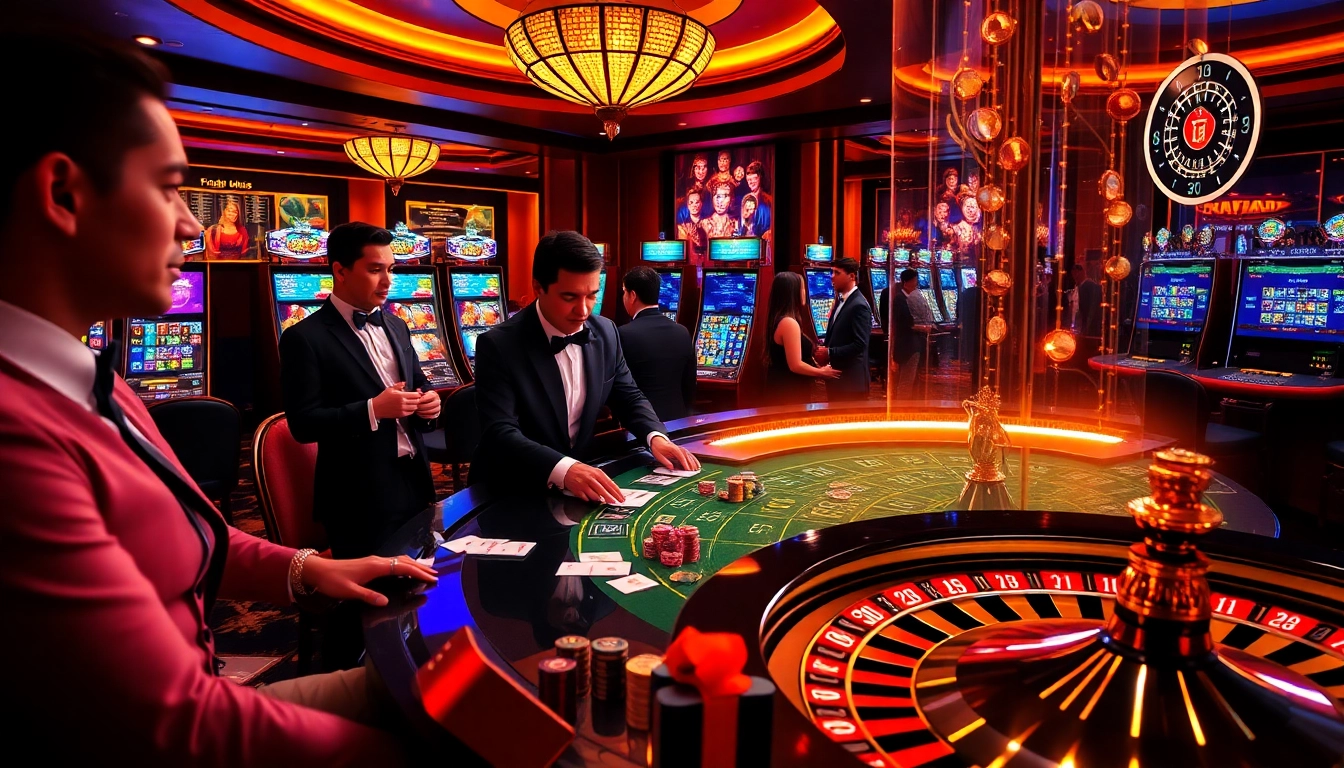 Engaged players enjoy games at the best crypto casinos, surrounded by exciting slot machines and luxurious decor.