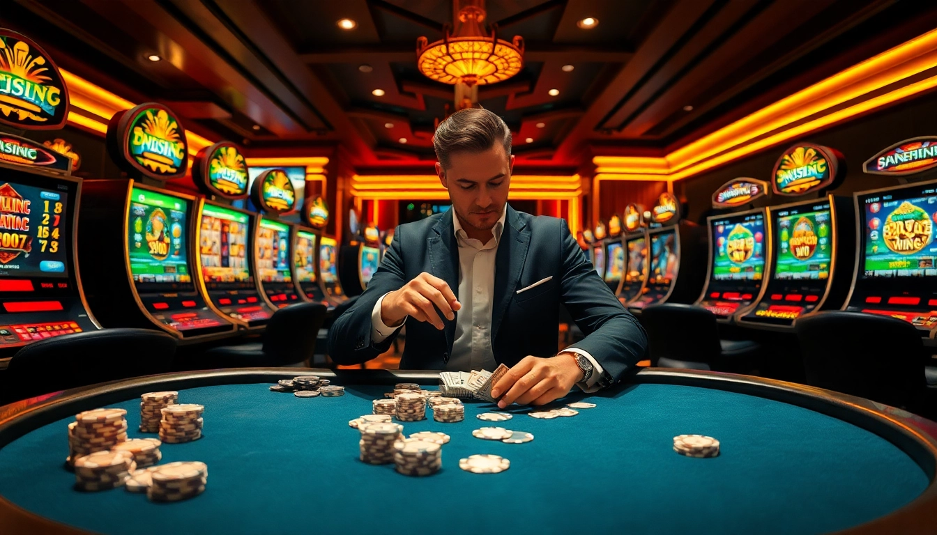 Experience ĐĂNG KÝ B8 amidst a luxurious casino scene with vibrant gaming tables and slot machines.