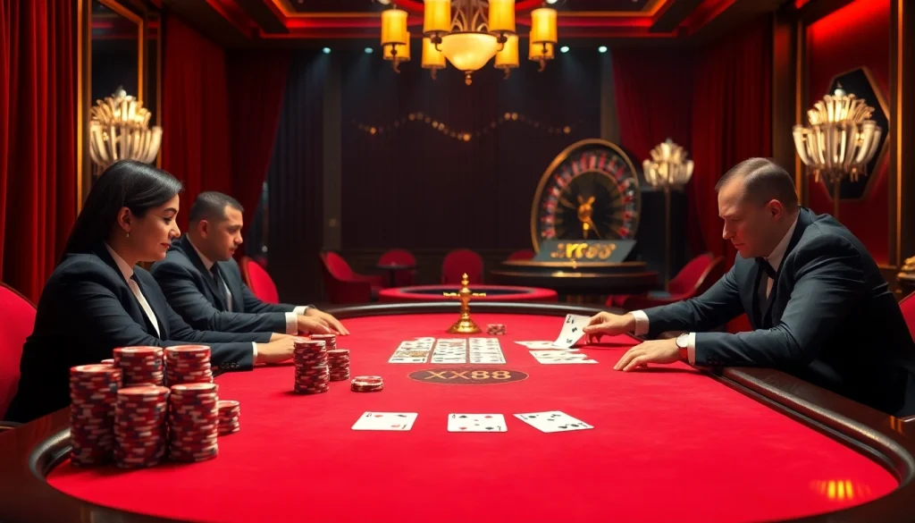 Experience the thrill of high-stakes poker at XX88 casino with luxurious ambiance and chips.