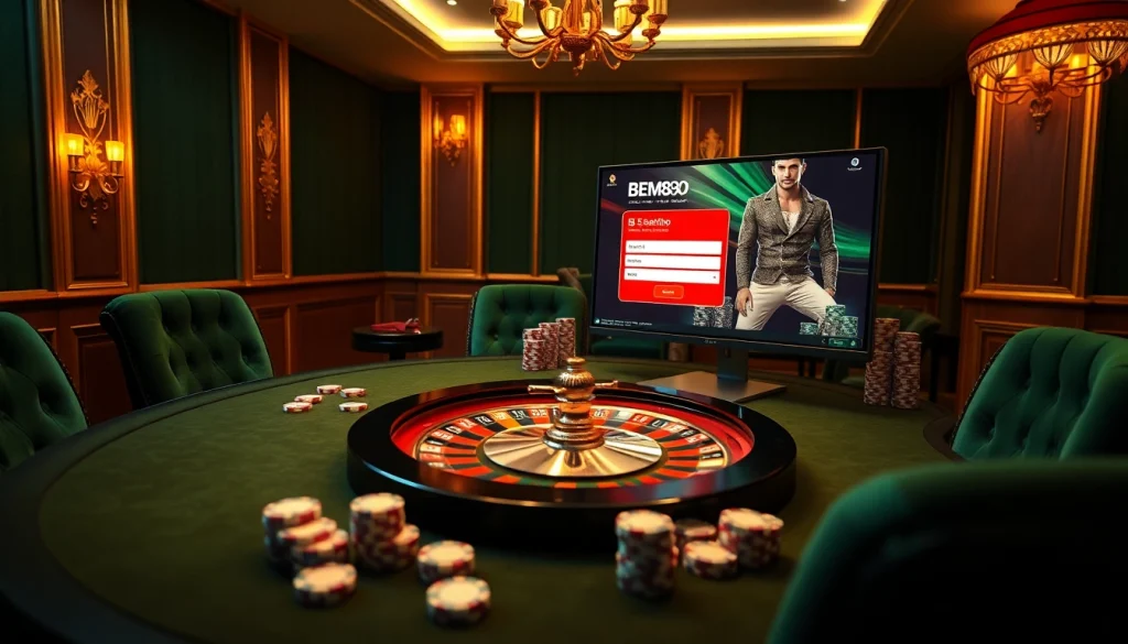Experience the thrill of ĐĂNG KÝ BEM88 in a luxurious online casino with vibrant gaming visuals.